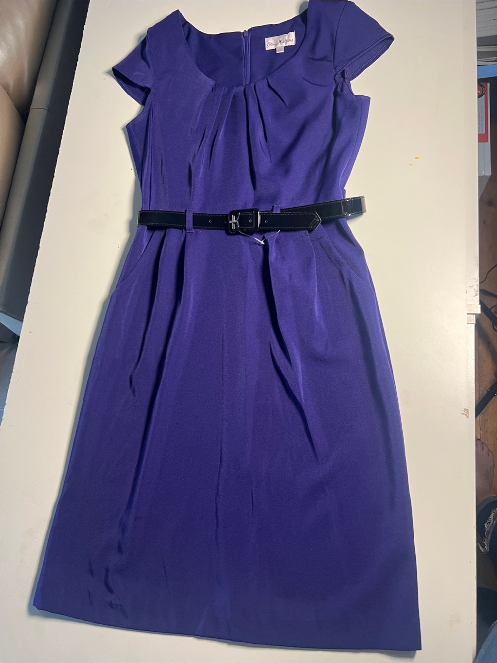 Olivia Matthews Purple Cap-Sleeve Belted Midi Dress